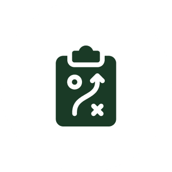 Icon of a clipboard with strategy symbols and arrows.