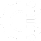 A white gear and circuit symbol on a black background.